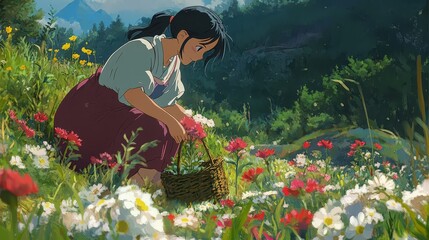 Woman picking flowers in meadow