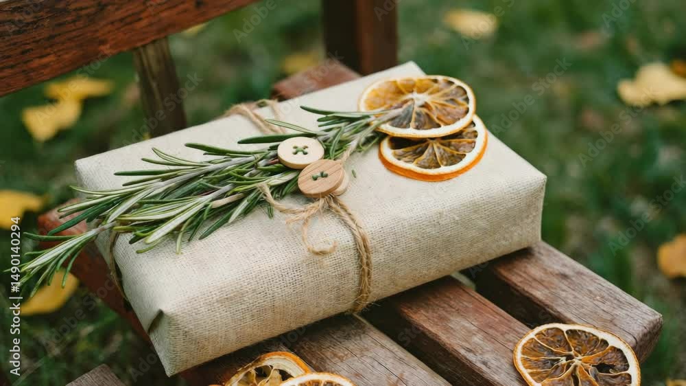 Poster a brown box with a ribbon and a button on top of it. the box is decorated with dried orange slices