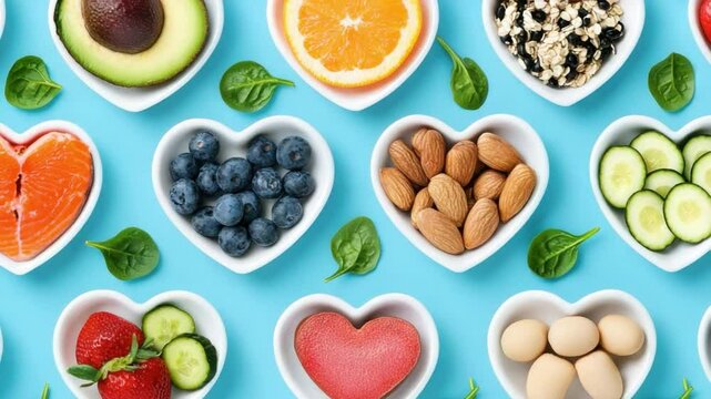 Colorful Arrangement of Fresh Fruits and Nuts in Heart Shaped Bowls on Blue Background 4k video footage