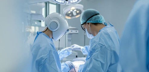 A doctor and a neurologist using robotic technology with AI software to examine a patient's brain. Generated image