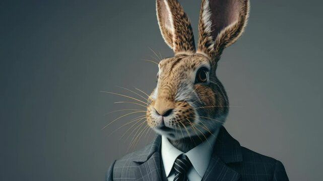 A rabbit wearing a suit and tie is standing in front of a gray background. The rabbit's face is visible, and it is looking at the camera. Concept of humor and playfulness