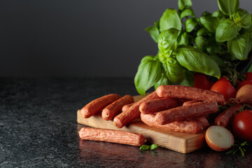 Sausages with basil, onion, rosemary, and tomatoes.