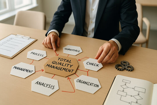 Executive pointing at Total Quality Management TQM framework diagram with key components including analysis, process, workforce, and control for strategic implementation..