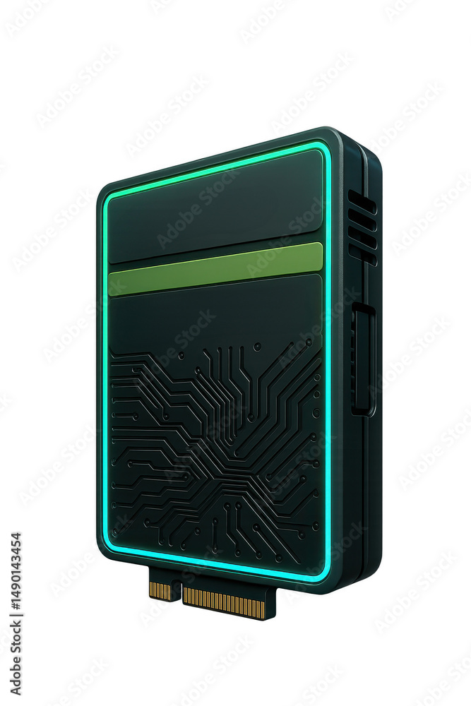 Fototapete 3D render of a futuristic black and green computer graphics card with illuminated edges isolated on transparent background