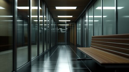 Obraz premium Modern office corridor, waiting bench, sleek design, glass walls, background lighting