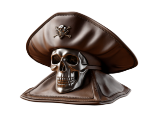 A brown leather pirate hat with a skull and crossbones design on transparent background