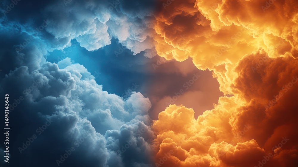 Aufkleber fiery and icy clouds clashing in dramatic sky; background for fantasy or weather concepts