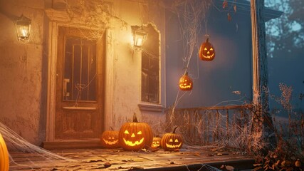 A porch is lit up with orange lights and decorated with pumpkins. The pumpkins are arranged in a row, with some of them having their eyes open. The scene gives off a spooky and festive mood - Powered by Adobe