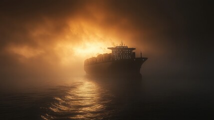Fototapeta premium Container ship sails through fog with sunset illuminating the background