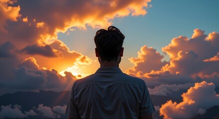 Obraz premium A young businessman stands with his back turned, looking at the sunset sky.