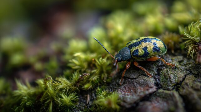 Colorful beetle on mossy tree bark