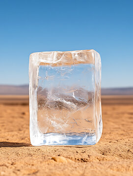 Melting Reality: A large ice block contrasts with the arid desert landscape under a clear sky. A visual paradox where coolness meets the heat of nature.