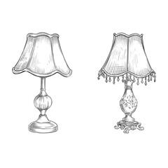antique table lamp illustration vintage brass table lamp vector line art hand drawn set collection
