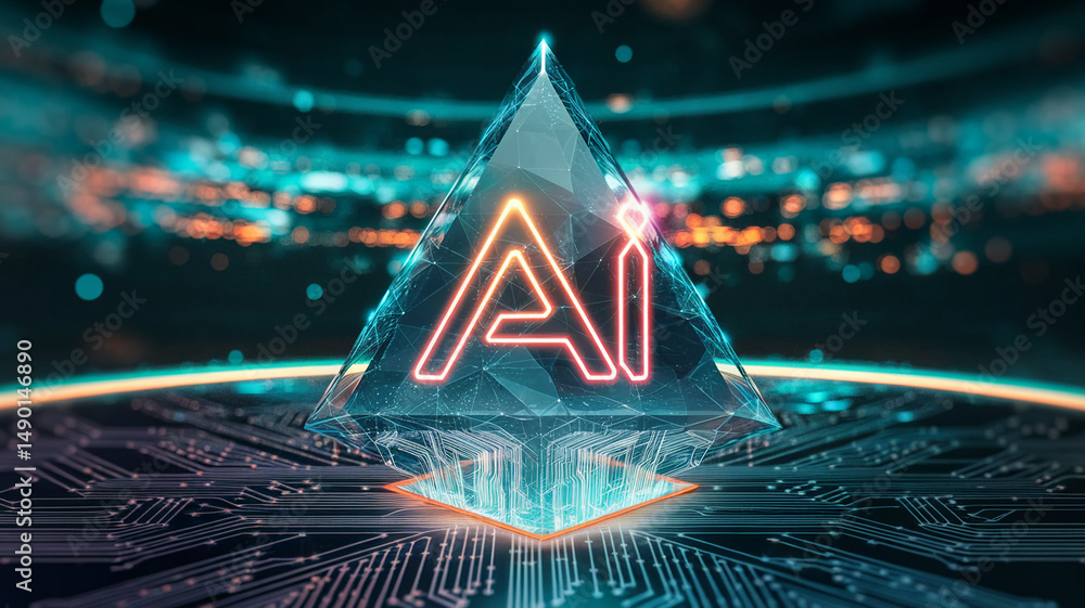 Aufkleber ai symbol inside glowing crystal pyramid on circuit board, showcasing technological advancement and 