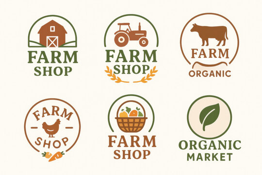Farm shop logos with tractor and barn illustrations