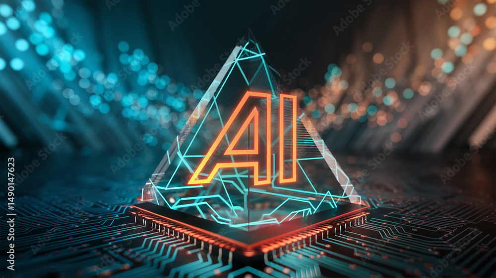 Poster ai symbol inside glowing pyramid on circuit board, showcasing technological advancement and artifici