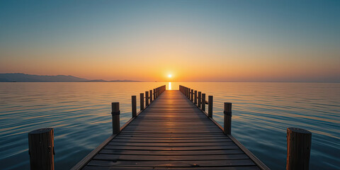 Fototapeta premium Wooden pier extending into calm sea during golden sunrise, capturing serene natural landscape, warm light reflection, and peaceful seaside atmosphere