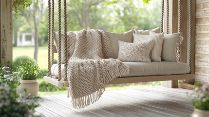 Classic porch swing with a wool blanket, surrounded by plants and peaceful scenery