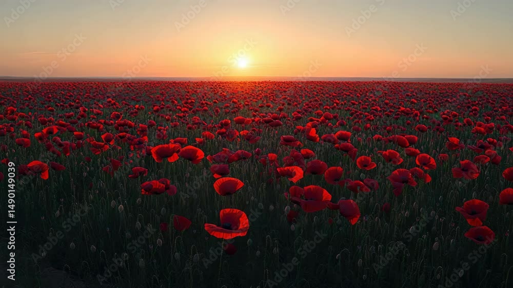 Poster a vast field of red poppies is illuminated by the setting sun, creating a warm and serene atmosphere