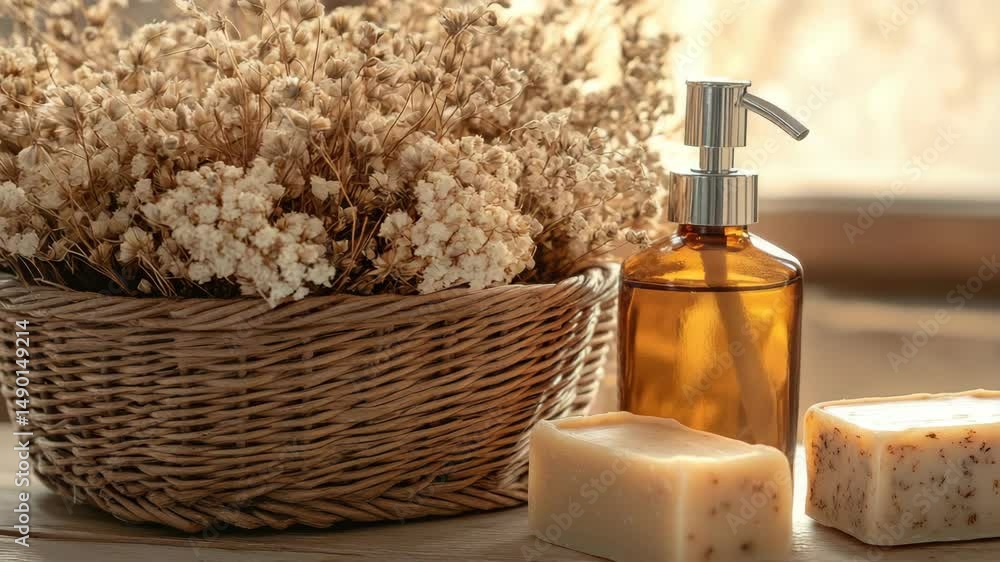 Aufkleber a basket filled with dried flowers sits on a wooden table next to a bottle of lotion and a bar of so