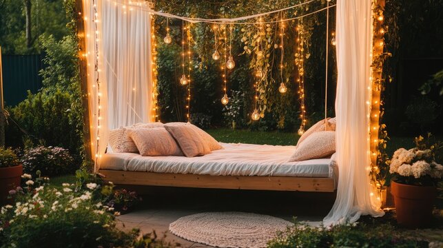 Floating bed setup outdoors under string lights and soft drapes in a quiet garden