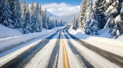 Fototapeta premium Isolated road with deep impressions in fresh snow leading into a foggy horizon