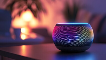 Smart speaker glows in a softly lit room