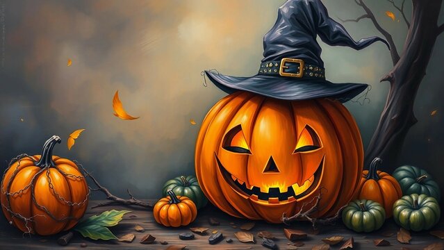 L&auml;chelnder K&uuml;rbis mit Hexenhut vor Vollmond und Flederm&auml;usen. Perfekt f&uuml;r gruselig-sch&ouml;ne Halloween-Designs mit einem Hauch Humor.