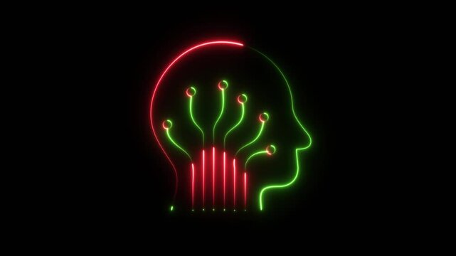 Glowing neon AI brain icon motion graphic animation isolated on black background