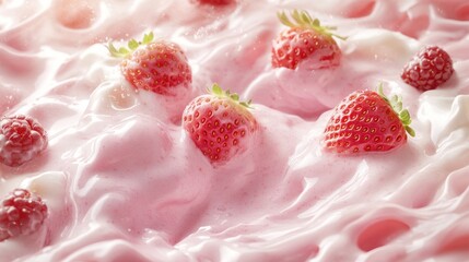 Fresh strawberries and raspberries in creamy pink dessert close up