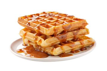 A stack of waffles drizzled with caramel sauce sitting on a white plate against a black background on transparent background