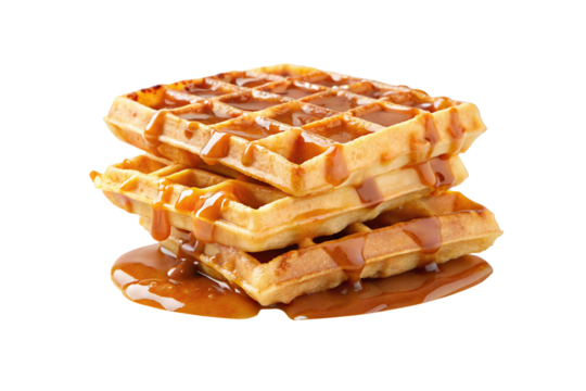 A stack of three waffles covered in caramel sauce, with the sauce dripping down the sides of the waffles on transparent background