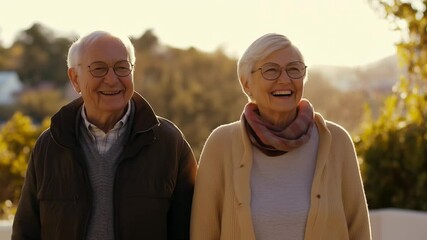 A couple takes a leisurely stroll under the warm autumn sun, sharing smiles and laughter. Their joyful spirits reflect a deep connection as they relish the simple pleasure of being together