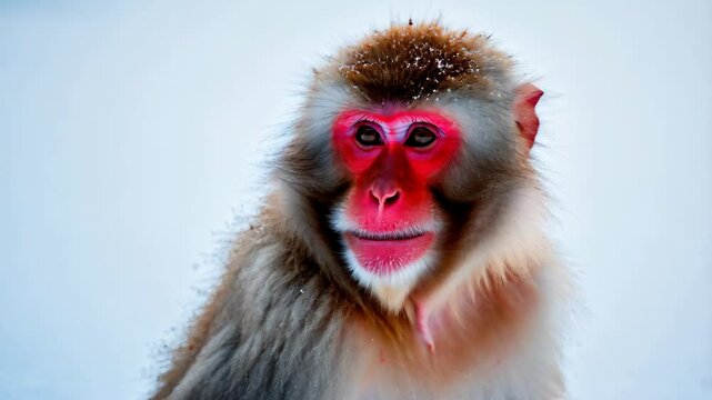 Close-up portrait of a Japanese macaque in winter, with its distinctive red face, looking directly at the viewer against a snowy background.