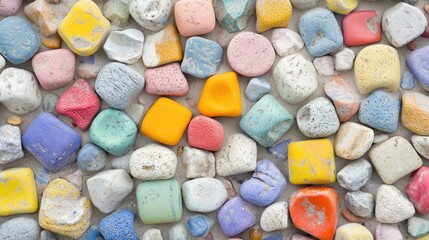 A mix of round and square molds scattered randomly across a beach surface, isolated and vibrant