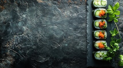 Delicious sushi rolls served on a dark stone platter with fresh herbs and toppings