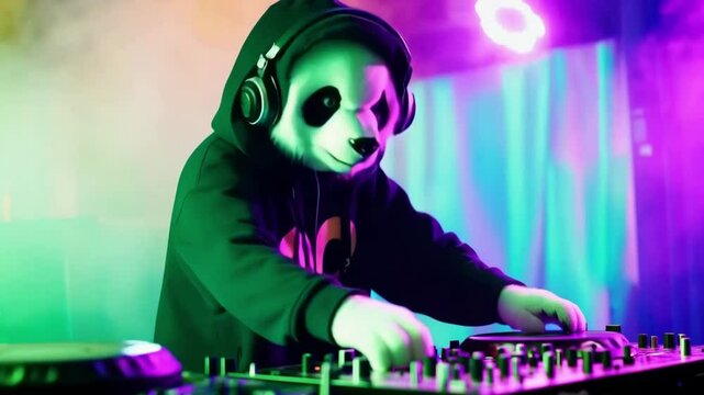 An energetic DJ panda wearing headphones and a hoodie spins records at a lively nightclub, surrounded by colorful lights and fog creating a vibrant party atmosphere