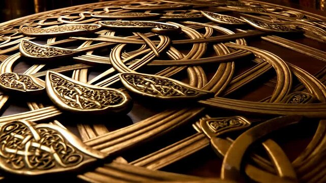 Elaborate golden Celtic knotwork pattern covering surface, intricate weaving and stylized embellishments on wood, ancient symbol design concept