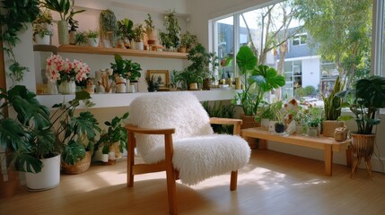 Fototapeta premium Indoor Plants, Cozy Home Interior, Stylish Chair, Minimalist Design. Urban Jungle and relaxation.