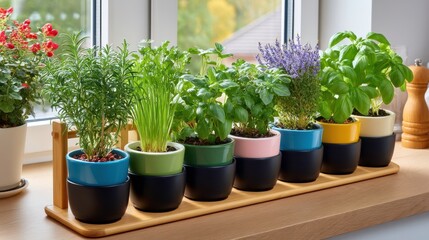 Fototapeta premium Herb Garden, Kitchen Herbs, Potted Plants: Fresh Culinary Herbs in Colorful Pots on Wooden Countertop