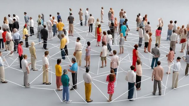 Interconnected Humanity: A vast network of interconnected individuals, depicted as a multitude of diverse people connected by abstract lines, symbolizes global community, mutual dependence.
