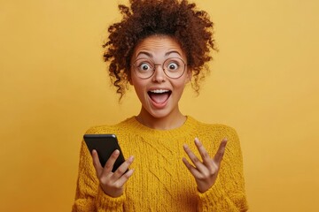 Lucky woman holding cellphone and gesturing yes, receiving great news, getting new job, celebrating success in front of laptop at home