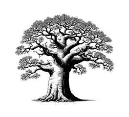 Detailed Black and White Engraving of a Large Tree with Branches and Roots