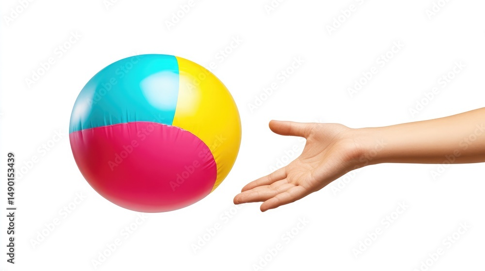 Poster hand reaching out with a partially inflated ball in tropical colors, transparent background for flex