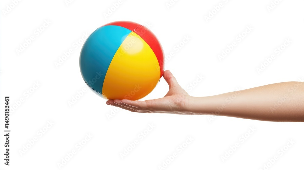 Poster hand reaching out with a partially inflated ball in tropical colors, transparent background for flex