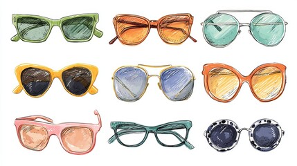 Handdrawn vector set of sunglasses in different styles Summer accessory illustration isolated fashion items