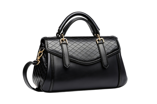 A stylish black leather handbag with a quilted flap and gold accents on a black background image view on transparent background