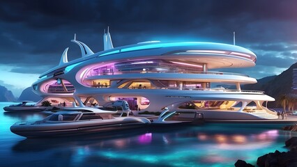 A glowing futuristic yacht marina in a vibrant alien archipelago, Cinematic theme, HDR, Vibrant