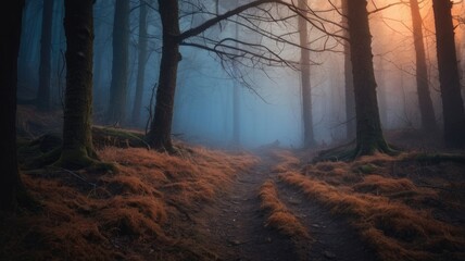 Fototapeta premium Mysterious Dark Forest with Fog and Dark Blue Orange Sky, Atmospheric Nature Scene