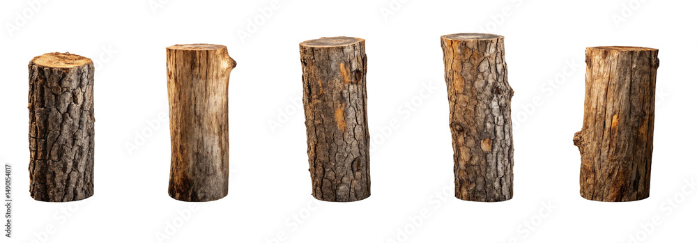 Wall mural a display of five wooden logs with varying textures and patterns against a black background in a row